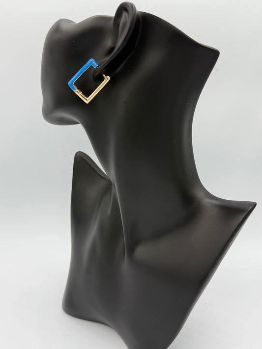 Blue Square Stainless Steel Hoop Earrings (Size M)