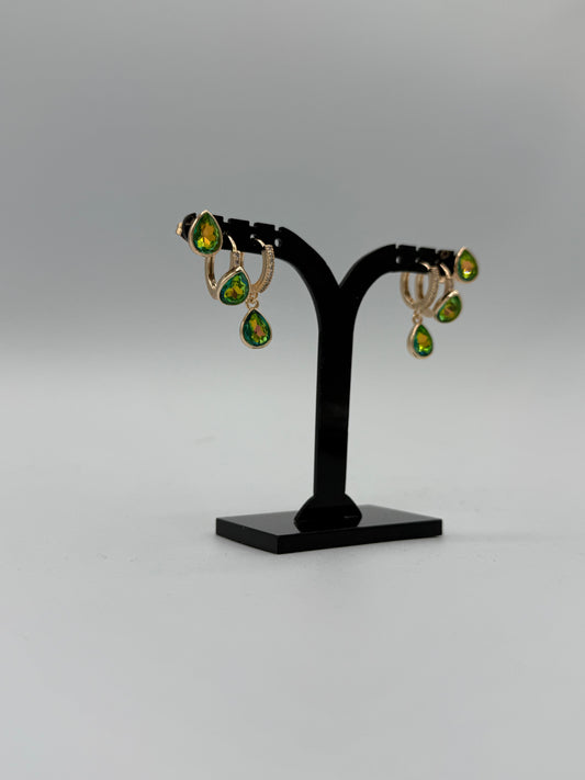 Green Teardrop Earring Set – 3-Piece Stainless Steel